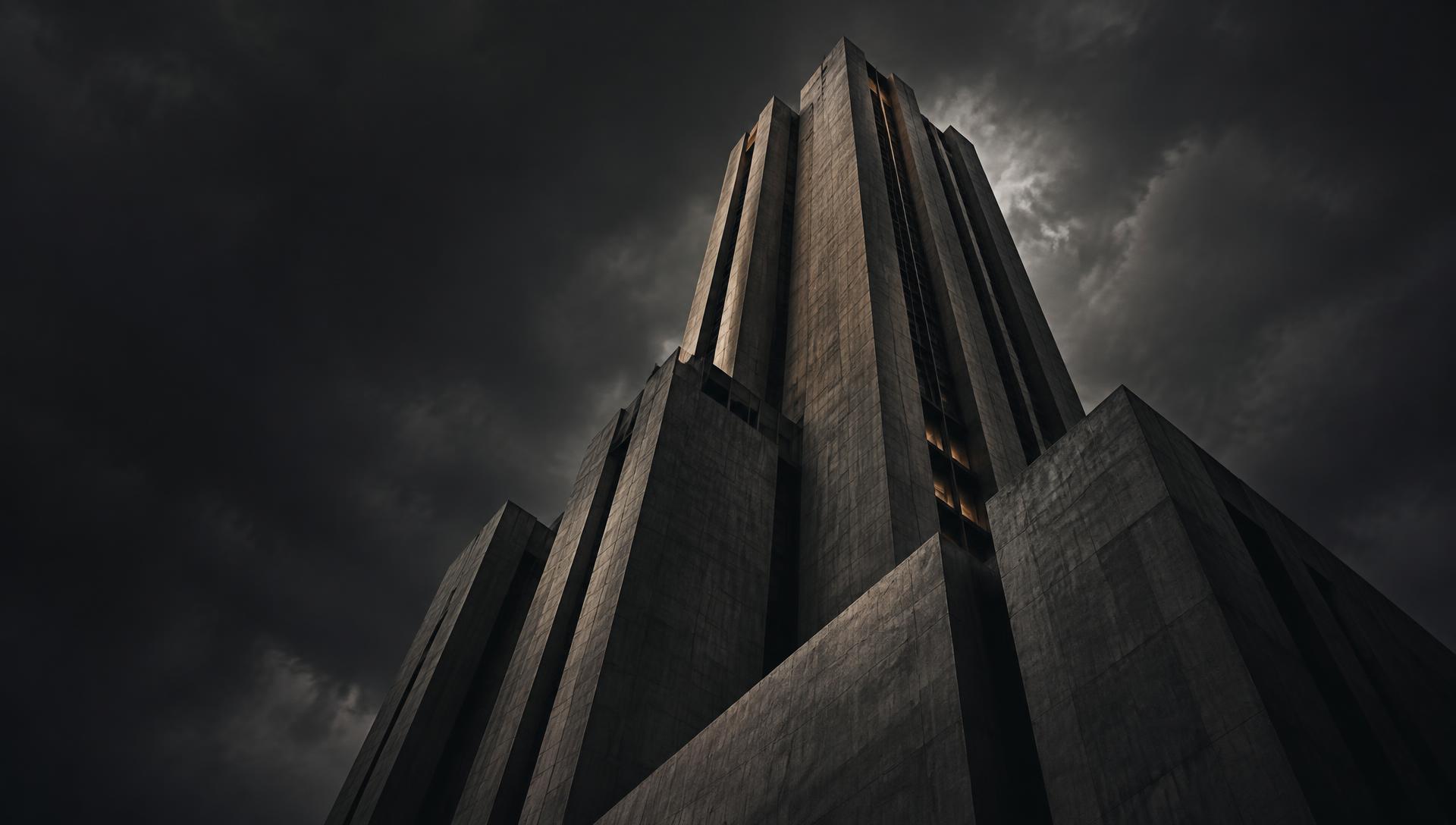Brutalist tower against a dark sky